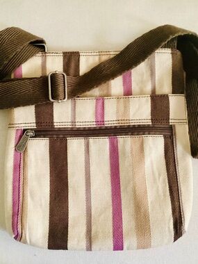 Thirty One Striped Crossbody Bag Purse Flat Zip Pocket Brown Purple Beige Canvas